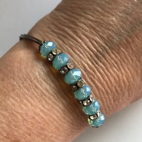 Vintage Handmade Pacific Opal Swarovski Crystal Curved Sterling Silver Bracelet - Picture 6 of 8
